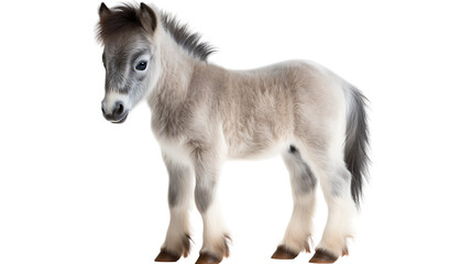A realistic standing baby horse with grey fur on a white background - Powered by Adobe