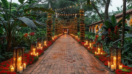 Fototapeta premium A lush garden with blooming flowers and twinkling fairy lights, providing a picturesque backdrop with room for event