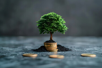 A tree growing out of a pile of coins, ESG concept of environmental social and government wealth, life, plants, growth - obrazy, fototapety, plakaty