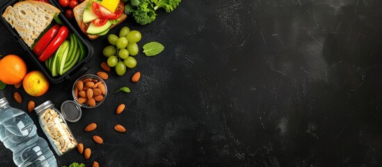 A healthy eating habits concept displayed on a black chalkboard with a school lunchbox containing a sandwich, vegetables, water, almonds, and fruits.