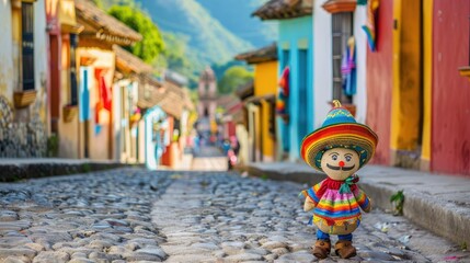 A Mexican rag doll dressed in vibrant traditional attire stands gracefully amidst the bustling streets of a picturesque Mexican village