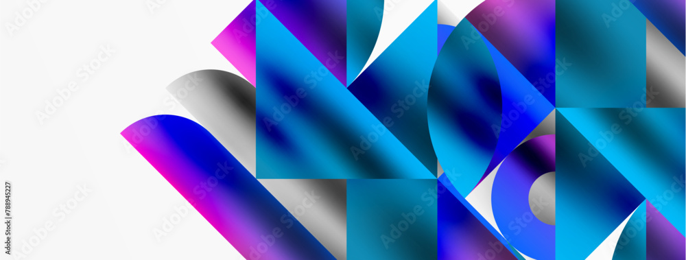 Poster a vibrant geometric pattern featuring blue and purple triangles on a white background, creating a co