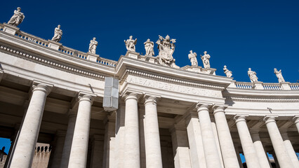 Detail of St. Peter's Square Doric colonnades, framing the trapezoidal entrance to the basilica and...
