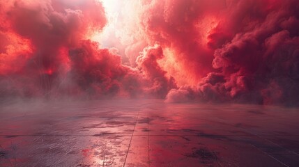 The concrete floor contrasted vividly against the backdrop of swirling red smoke