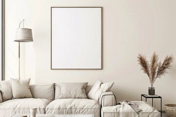 Scandinavian style living room with poster mockup created with generative ai
