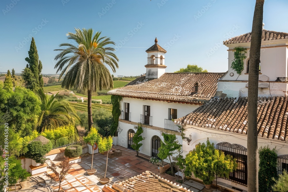 Wall mural a historic spanish hacienda surrounded by ancient olive groves and vineyards, with sun-drenched cour