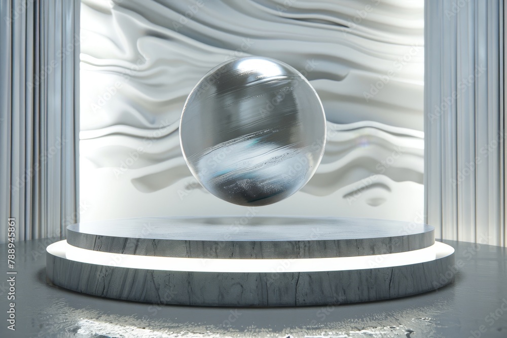 Poster minimalist display with a reflective sphere on a circular platform in an undulating white gallery