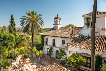 A historic Spanish hacienda surrounded by ancient olive groves and vineyards, with sun-drenched courtyards and terracotta-tiled rooftops, Generative AI - obrazy, fototapety, plakaty