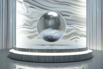 Minimalist display with a reflective sphere on a circular platform in an undulating white gallery