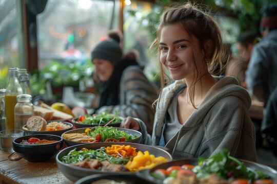 Whether dining alone for a moment of self-care or sharing a meal with friends for a moment of togetherness, the image celebrates the importance of nourishing both body 