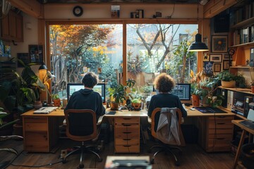 In the soft glow of natural light filtering through their window, a couple sits side by side at their home office desk, immersed in their work