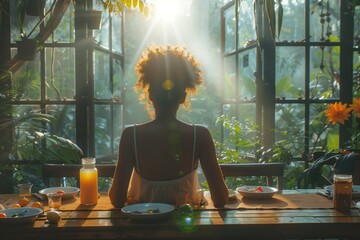 a woman sits at a beautifully set dining table, savoring a wholesome meal alone, natural light filtering through a large window
 - obrazy, fototapety, plakaty