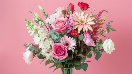 A modern and creative bouquet of flowers beautifully arranged against a soft pink backdrop with ample space for your message Perfect for adding a touch of elegance to special occasions like