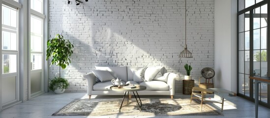An apartment featuring a white brick wall, sofa, table, and patterned rug.