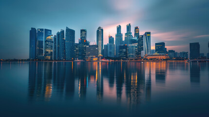 Modern cityscape reflected in the calm waters at twilight