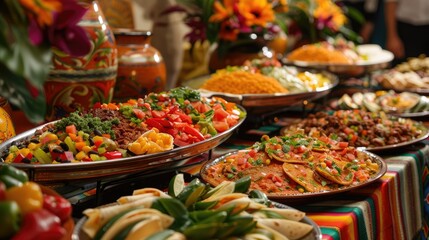 The Fiesta party buffet table is bursting with mouthwatering traditional Mexican delicacies