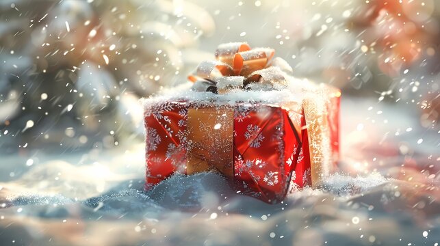 Red gift box scene poster background in snow