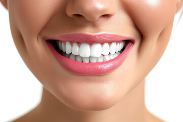 Woman perfect mouth. Smile with white healthy teeth on white background.