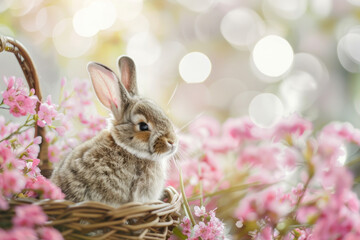 Fototapeta premium cute fluffy bunny in the basket with pastel pink flowers on a bokeh background. easter concept