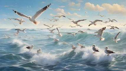 Fotobehang  A flock of seagulls gracefully gliding over the shimmering ocean waves  © Kashif arts