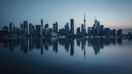 Modern cityscape reflected in the calm waters at twilight
