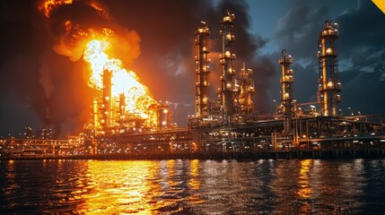 Night Scene Showing Gas Flare Burning at Oil Refinery, Industrial Process. Gas Flare.