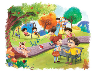 children playing in the park hand drawn illustration digital