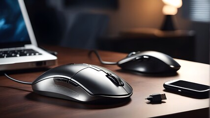 close-up of an elegant gaming mouse on a table desk with a remote control, an electric shaver, close, up, elegant, gaming, mouse, table, desk, remote, control, electric, shaver, color image