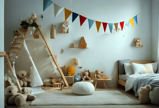 inscription design toys Copy background scanidnavian hanging Modern Real interior cloud product cozy white childroom space phote flags Stylish wall cotton baby bear bed bedchamber blue