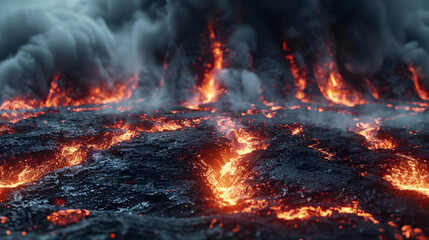 Raging Volcanic Eruption Unleashing Torrents of Molten Lava and Scorching Flames Across the Scorched Landscape - obrazy, fototapety, plakaty