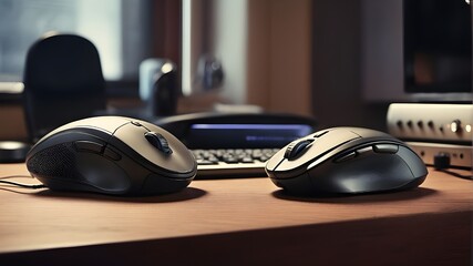 close-up of an elegant gaming mouse on a table desk with a remote control, an electric shaver, close, up, elegant, gaming, mouse, table, desk, remote, control, electric, shaver, color image