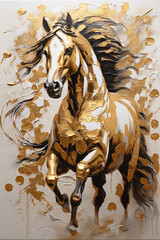 Oil painting of a horse on canvas with golden paint splashes - obrazy, fototapety, plakaty