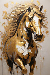 Oil painting of a horse in gold and black colors on canvas.