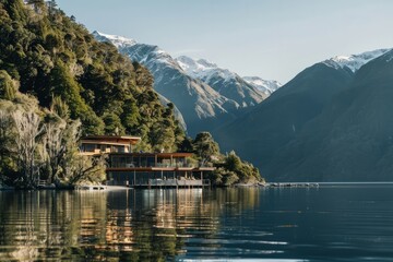 Fototapeta premium A remote New Zealand lodge perched on the edge of a pristine fjord, with panoramic views of snow-capped mountains and crystal-clear waters teeming with marine life, Generative AI