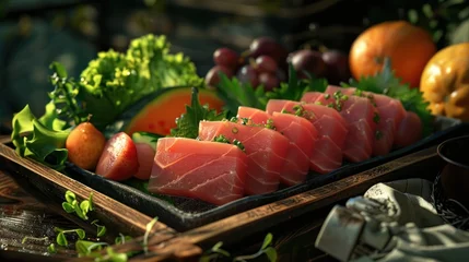 Foto op Plexiglas Big tuna pieces, fruit, wasabi, vegetables, leafy vegetables on a wooden tray © suphamit