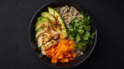 Buddha bowl, buckwheat, pumpkin, chicken, avocado, carrots on black background, top view.