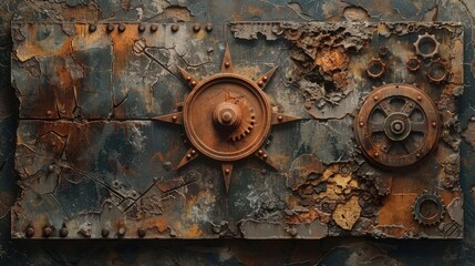 Gears on iron wall. Industrial Seamless Background.