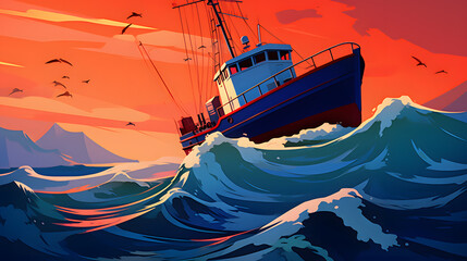 fishing boat in the sea illustration - obrazy, fototapety, plakaty