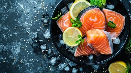 Large pieces of salmon sasami, lemon, wasabi, vegetables, on a bowl of ice. Top view - obrazy, fototapety, plakaty