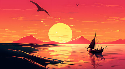 boat at sunset illustration