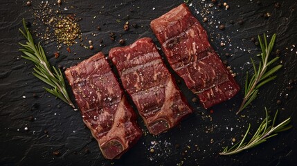 Large pieces of Wagyu, food ingredients, delicious and fragrant, top - obrazy, fototapety, plakaty