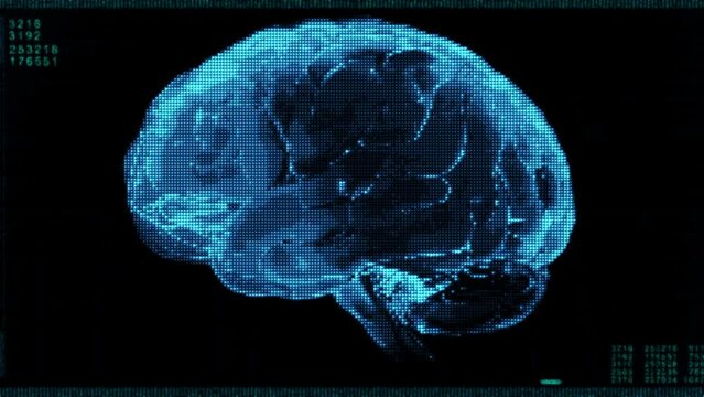 人工知能 (AI)を表す脳のイメージ図。
インパルス(電気信号)が脳の中を流れをモニターに表示させたイメージアニメーション。　
4K ループ