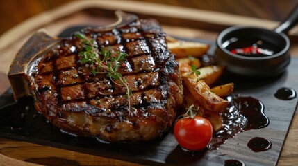 Large Wagyu ribeye with beautiful texture, delicious to eat on a wooden tray. - obrazy, fototapety, plakaty