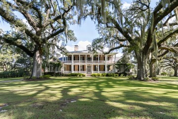 A sprawling plantation estate in the American South, with rows of majestic oak trees draped in Spanish moss and expansive verandas perfect for sipping sweet tea, Generative AI