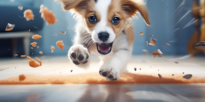 A photograph of cute and adorable puppy is running behind a blue wall background
