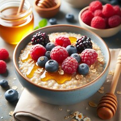 A bowl of oatmeal topped with fresh berries and honey