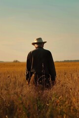 Elderly farmer wearing straw hat standing contemplatively in golden wheat field at dusk