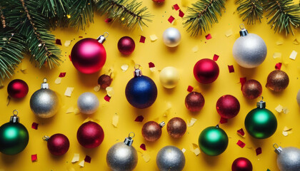 confetti flat space  view  background pine Christmas Top lay balls copy yellow new year holiday decoration celebration frame tree border fir winter card composi