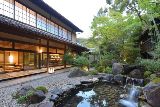A traditional Japanese ryokan surrounded by tranquil bamboo groves and serene rock gardens, offering guests a peaceful escape from the hustle and bustle of modern life, Generative AI