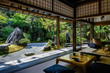 A traditional Japanese ryokan surrounded by tranquil bamboo groves and serene rock gardens, offering guests a peaceful escape from the hustle and bustle of modern life, Generative AI